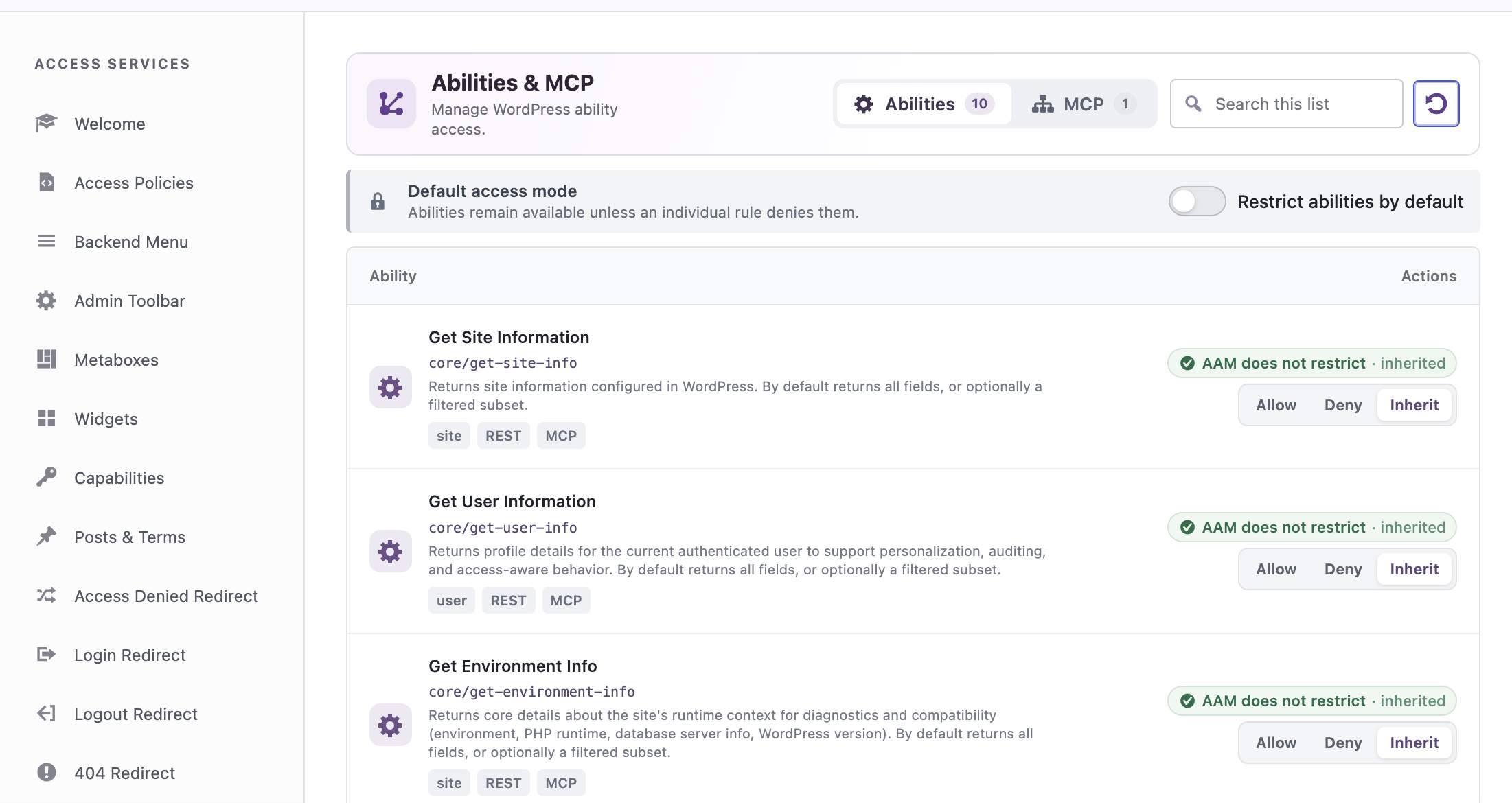 AAM Abilities service listing WordPress abilities with Allow, Deny, and Inherit choices