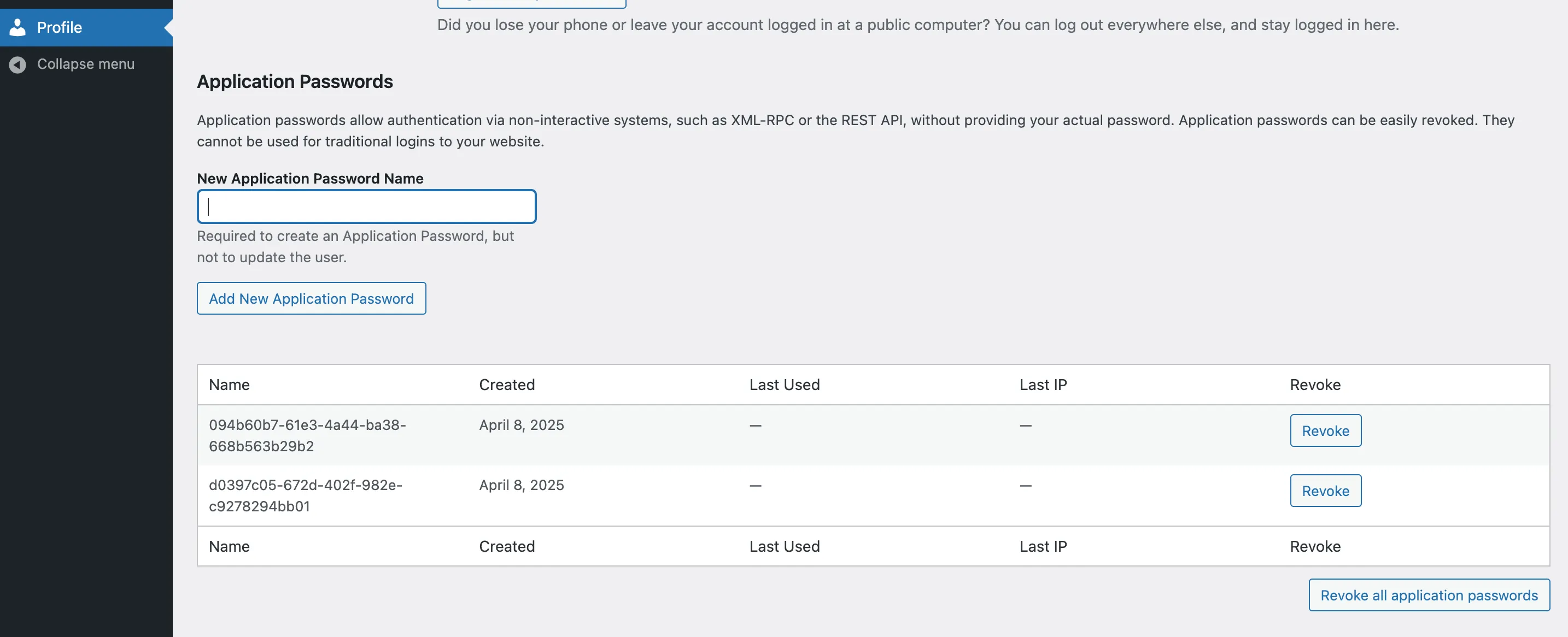 WordPress Application Passwords