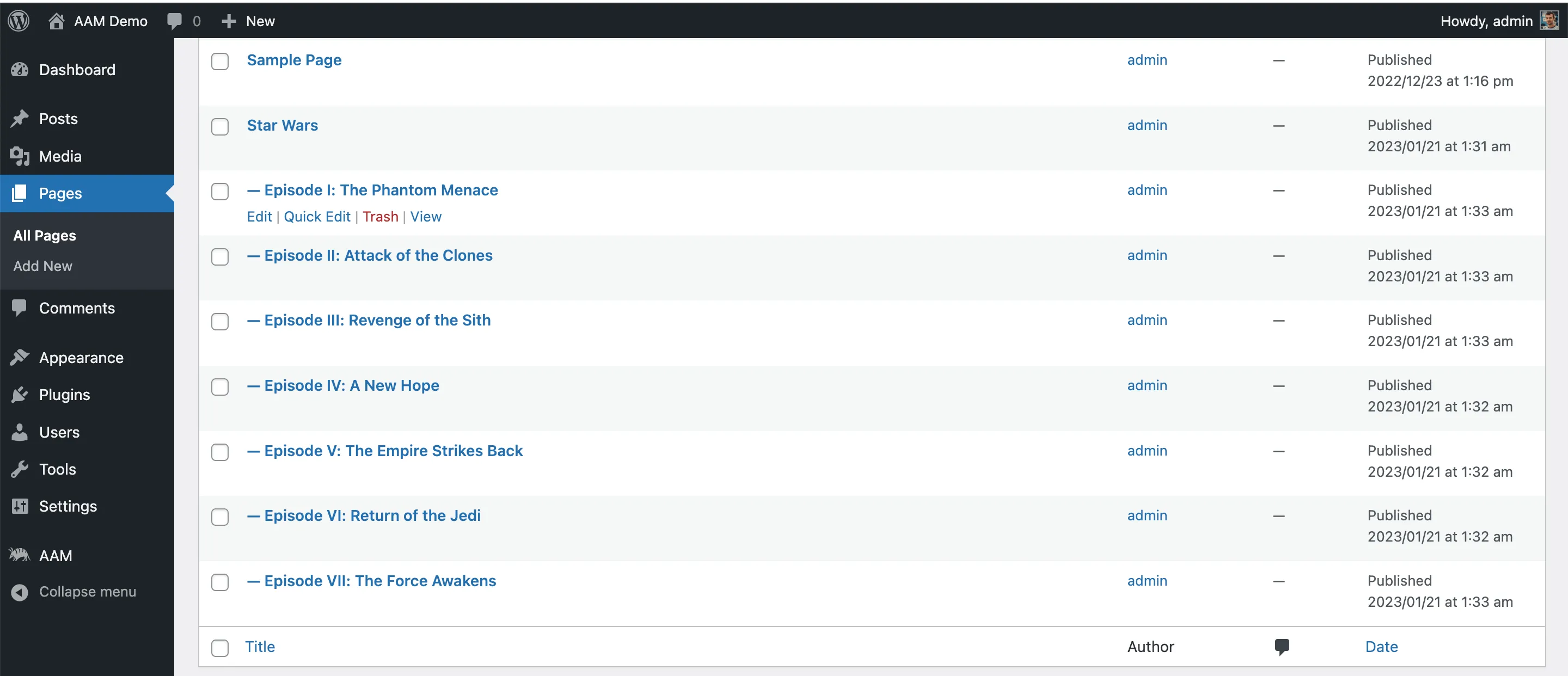 WordPress list of pages