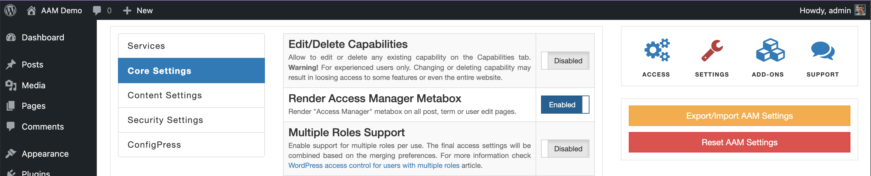 AAM Setting Render Access Manager Metabox
