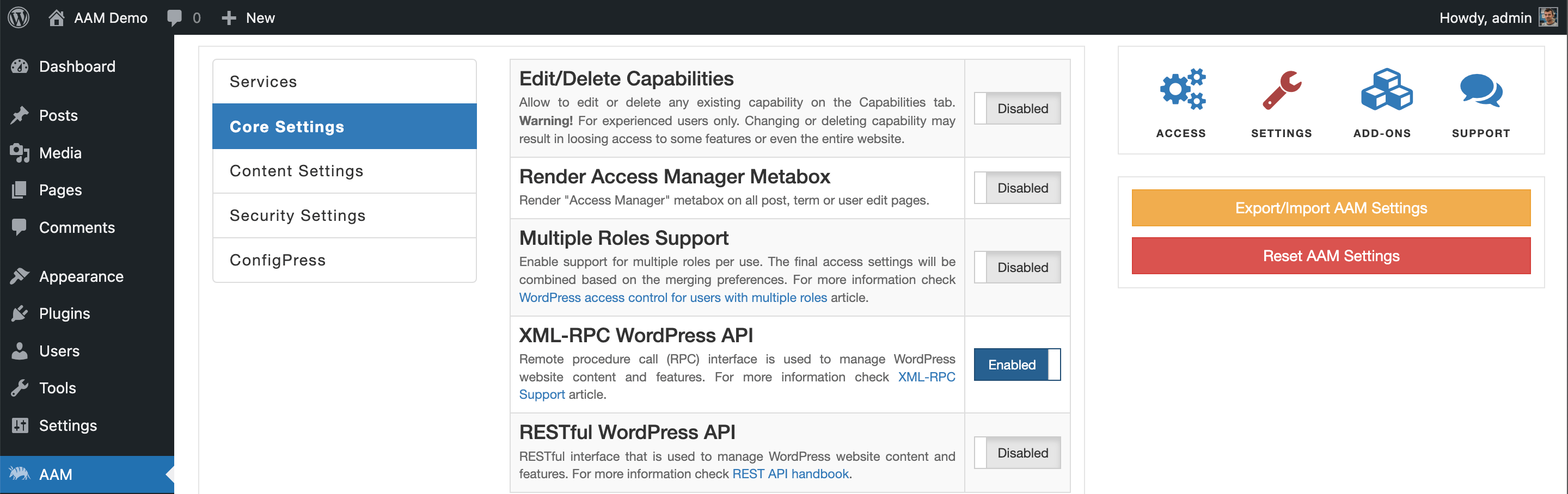 AAM Setting XML-RPC