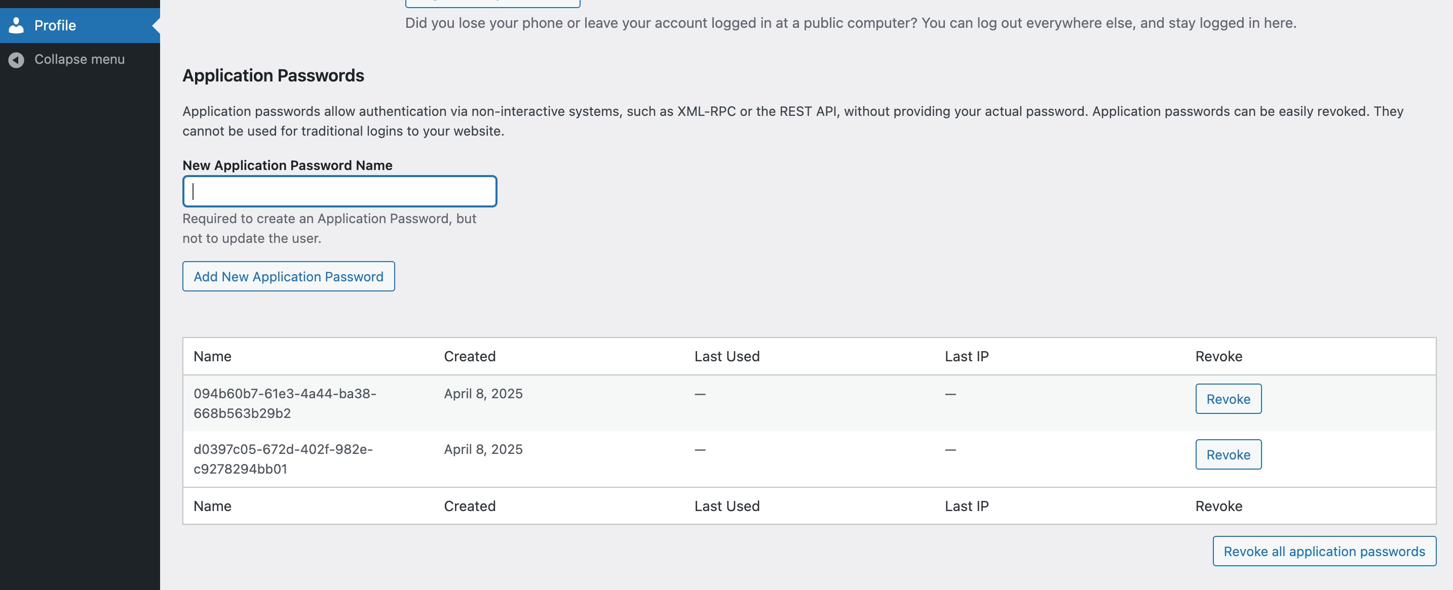 WordPress Application Passwords