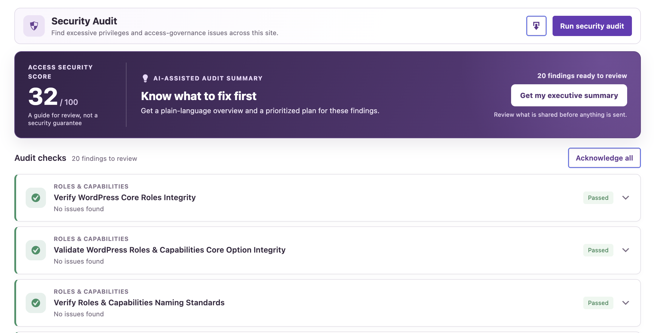 AAM Security Audit screen showing an access security score and audit checks